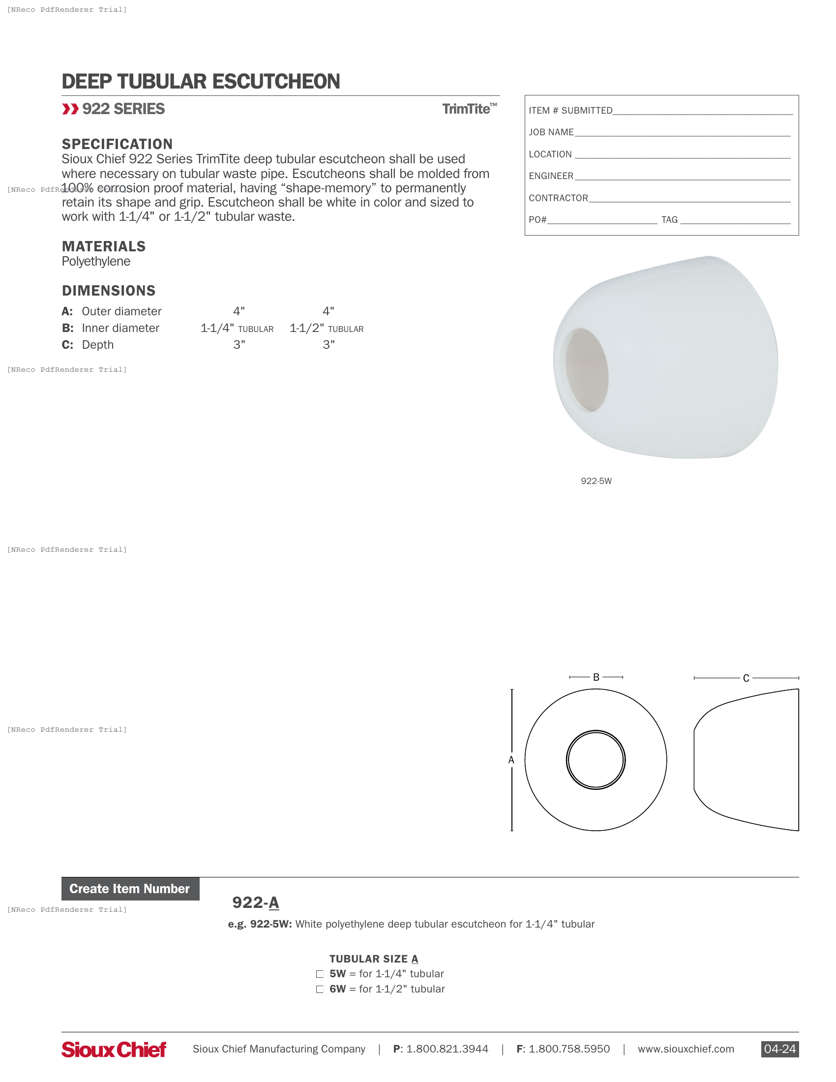 922 SERIES - TRIMTITE ESCUTCHEON - SPEC SHEET.PDF Specification Document